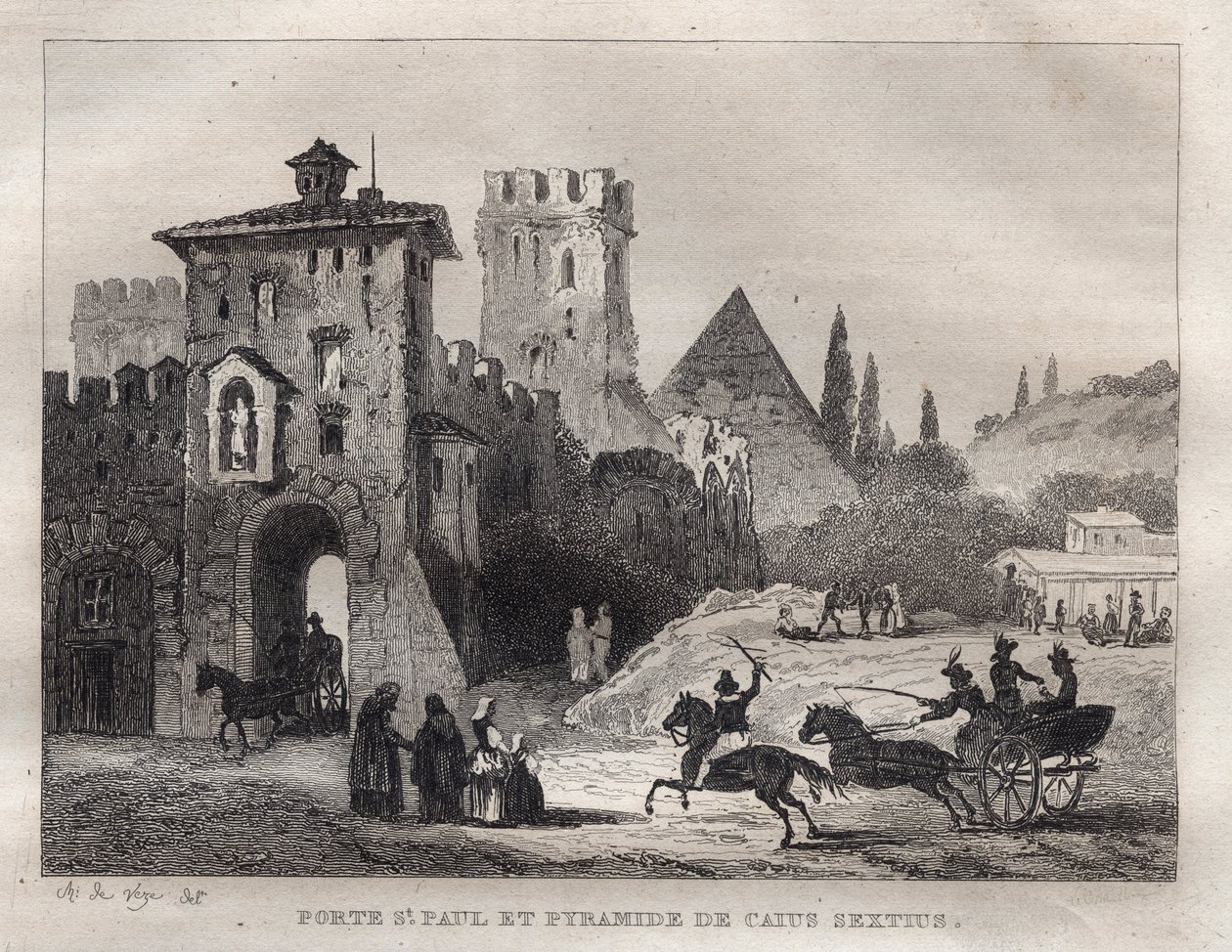 Caius Cestus Pirâmide e Porta de São Paulo em Roma Porte São Paulo e Pirâmide de Caius Sextus a Rome - Gravura da "Pitoresca Itália" - Pintura Histórica e Descritiva da Itália" por M. de Norvins, Ch. Nodier 1834-1836. de French School