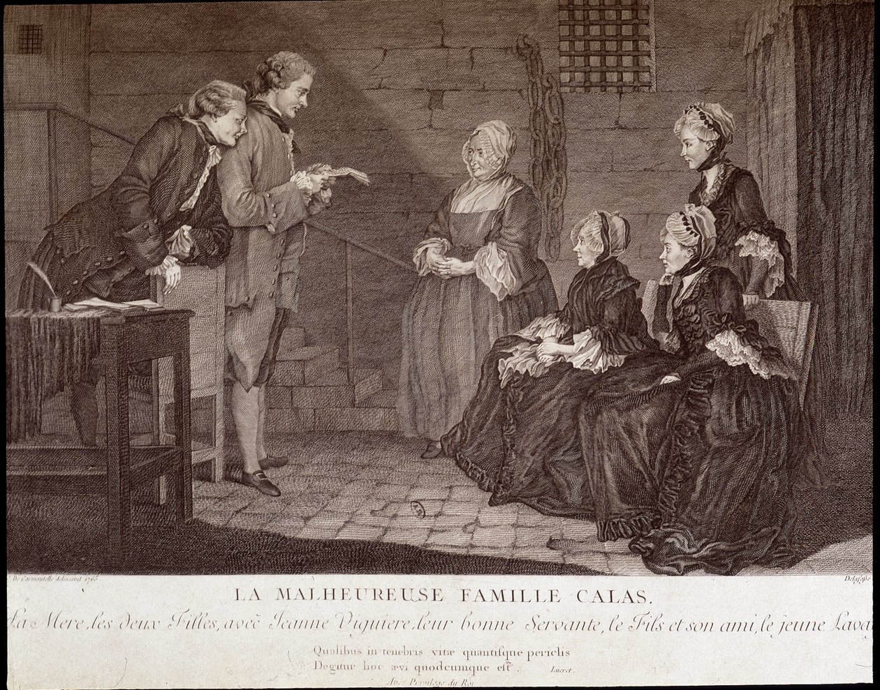 O caso Calas: A infeliz família de Jean Calas (falecido em 1762): a mãe, as duas filhas, com Jeanne Viguiere, a sua boa criada, o filho e o seu amigo, v.1762. de French School