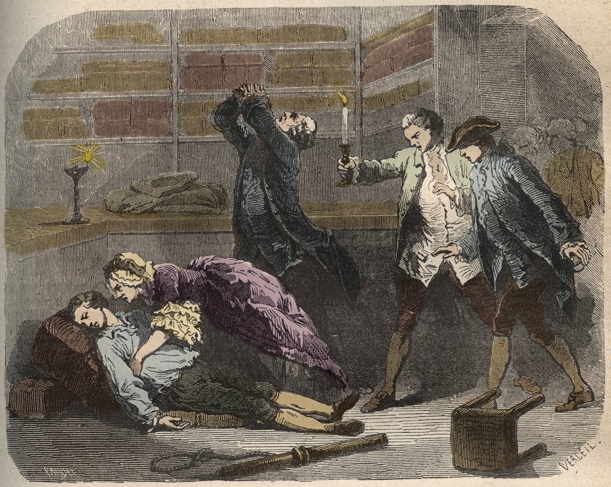 Caso Calas: em 13 de outubro de 1761, Marc Antoine Calas encontrado morto na boutique da família em Toulouse - Gravura em "Causes celebres de tous les peuples" de Armand Fouquier (1817-18?) 1858-1867 - coleção particular de French School