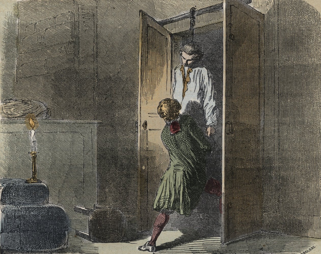 Caso Calas: em 13 de outubro de 1761, Marc Antoine Calas é encontrado enforcado na boutique da família em Toulouse - Gravura em "Causes celebres de tous les peuples" de Armand Fouquier (1817-18?) 1858-1867 - coleção particular de French School