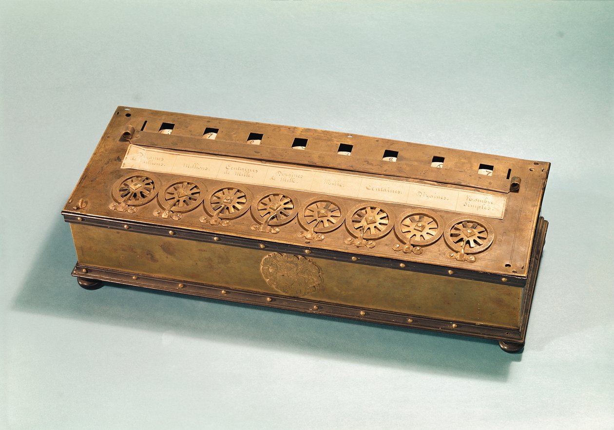 Calculadora inventada por Blaise Pascal (1623-62) (madeira e metal) de French School