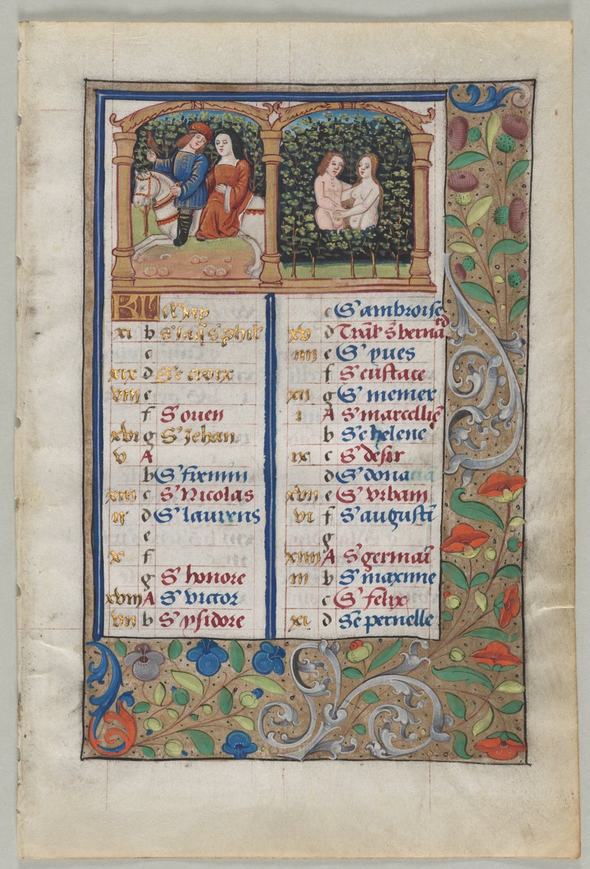 Página de calendário para maio (reto), c. 1510 (tinta, têmpera, ouro, velino) de French School