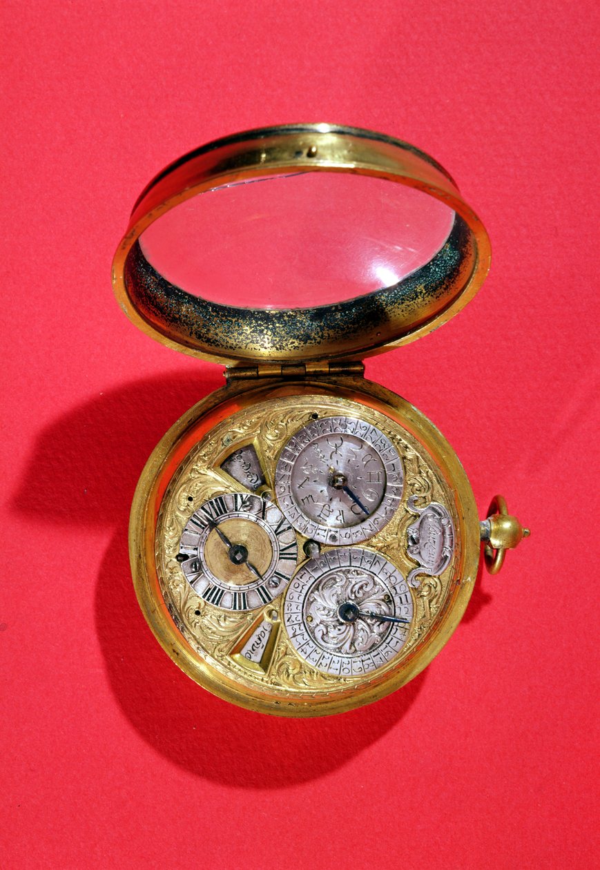 Relógio de calendário, c.1690 (latão dourado) de French School