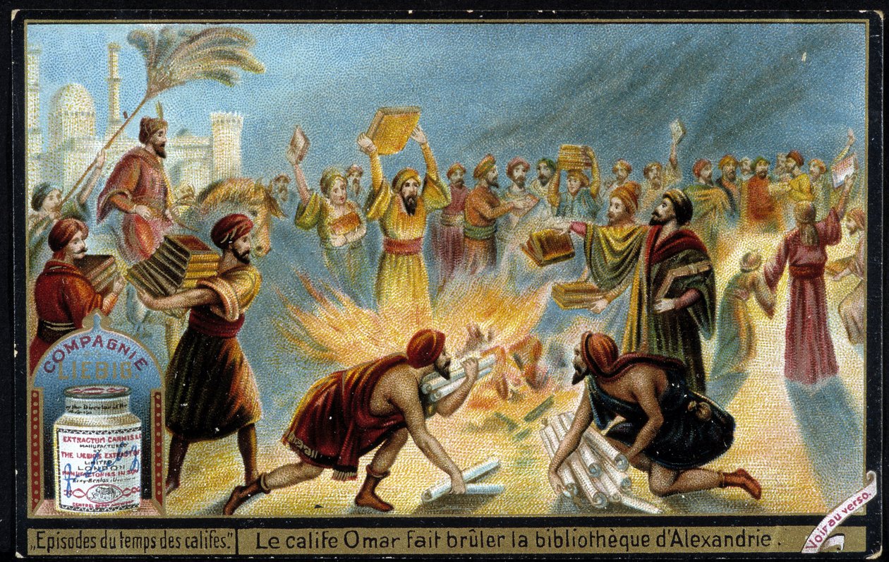 Califa Omar queima a biblioteca de Alexandria - Liébig vinheta publicitária de French School