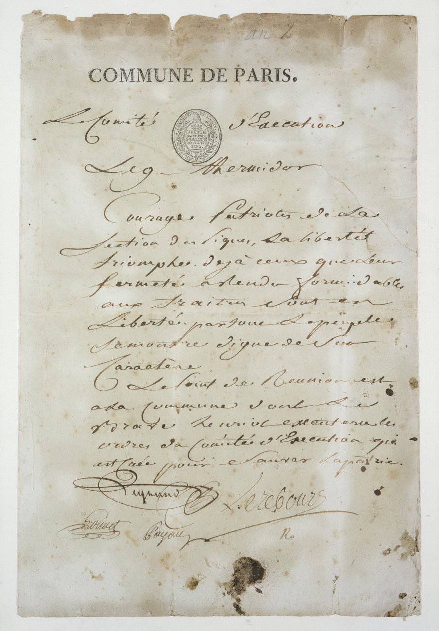 Chamada de Maximilien de Robespierre (1758-94) para se juntar à Comuna, 9 Thermidor An 2 (27 de julho de 1794) (caneta e tinta no papel) de French School