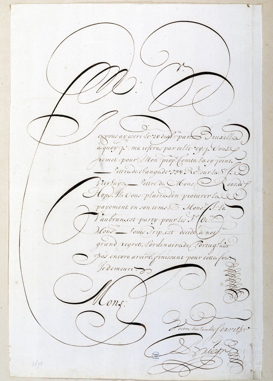 Caligrafia: Carta de contas caligrafada por volta de 1678 por François de Bruyn. Biblioteca Histórica da Cidade de Paris de French School