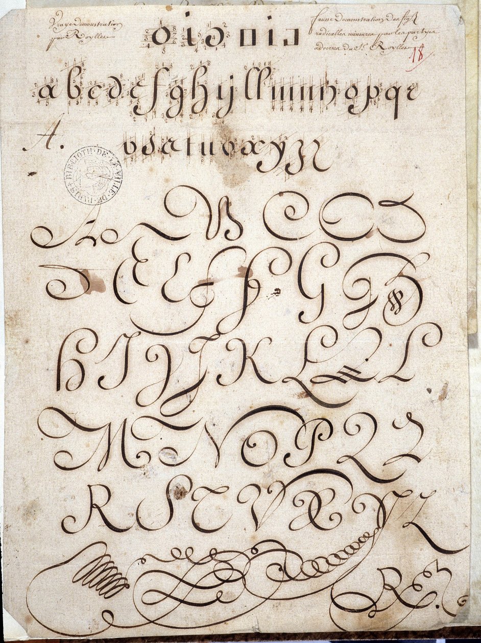 Caligrafia: Peça de manuscrito redonda sobre velino adornado com arabescos por volta de 1813 por Sebastien Royllet.Biblioteca Histórica da Cidade de Paris de French School