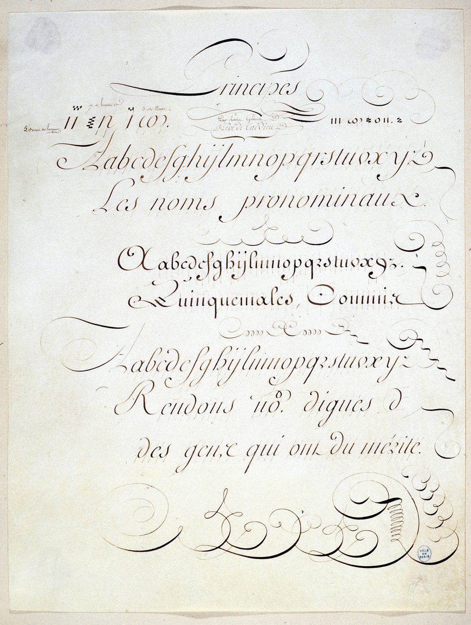 Caligrafia: Peça manuscrita que representa o princípio de três escritos franceses, no final do século XVIII, de André Tardieu. de French School