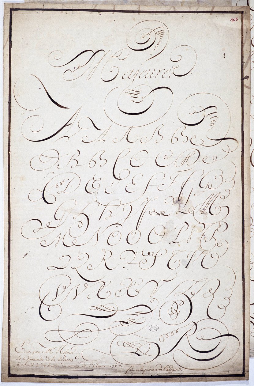 Caligrafia: Placa de letras maiúsculas, chamada de "grandes batardes", caligrafada em 5 de abril de French School