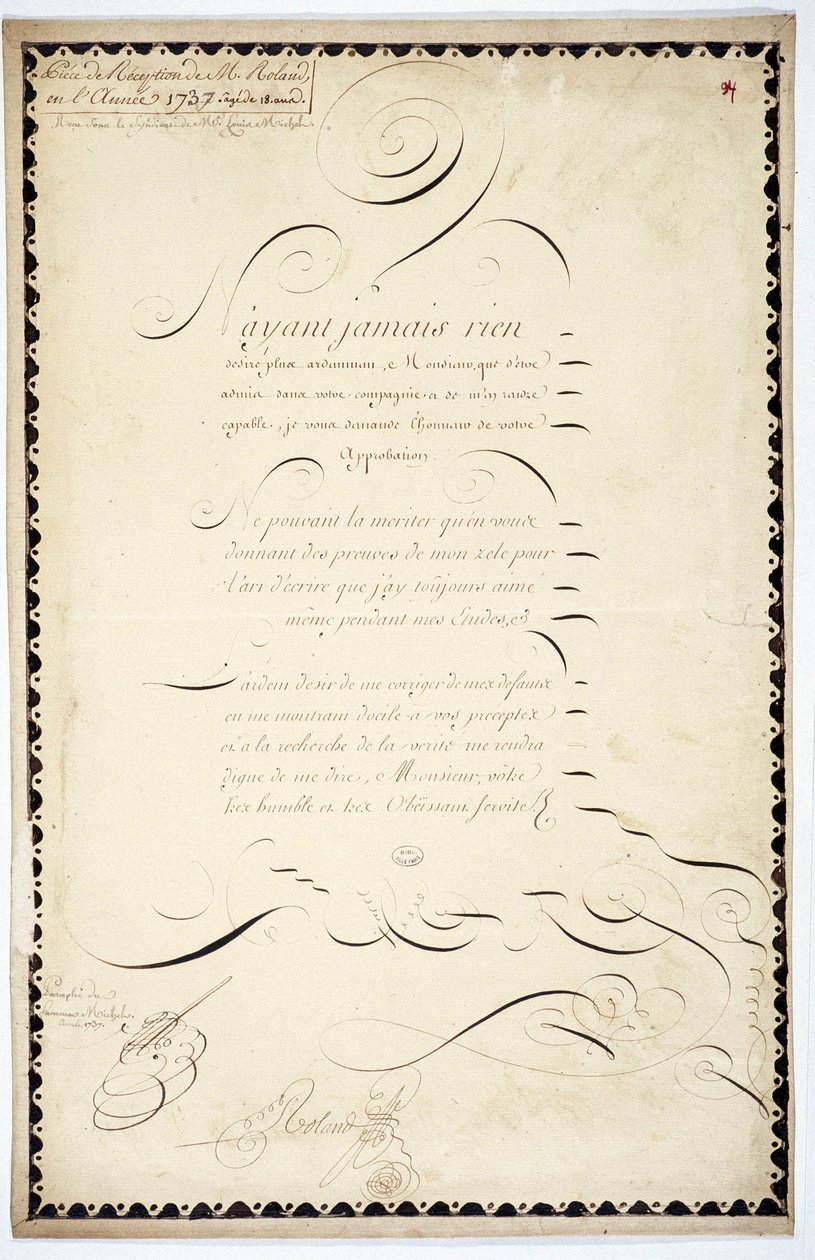 Caligrafia: Peça de recepção datada de 1737 por Andre Francois Roland. de French School