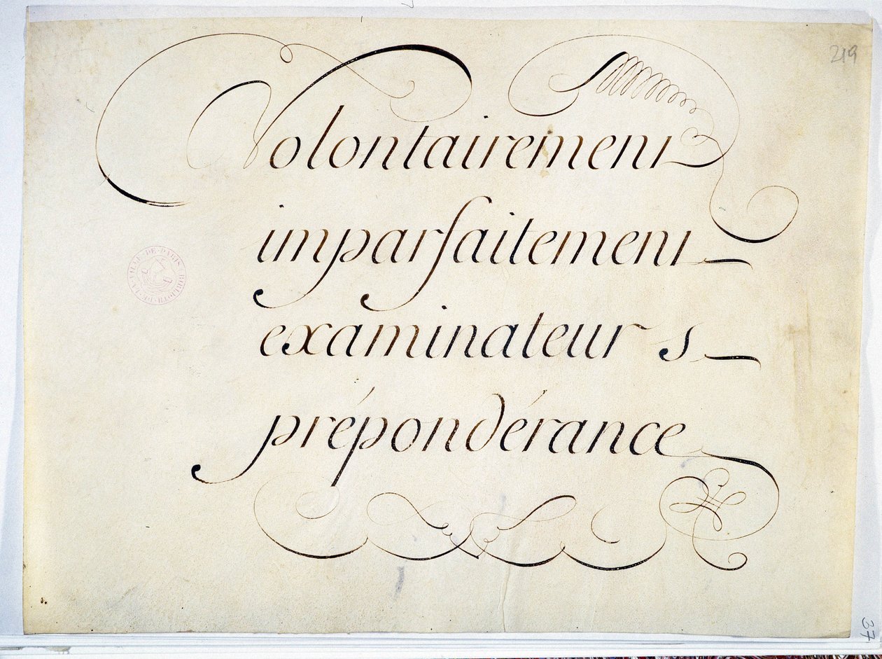 Caligrafia: peça manuscrita de André François Roland, por volta de 1670. "intencionalmente, imperfeitamente, examinadores, preponderância". de French School