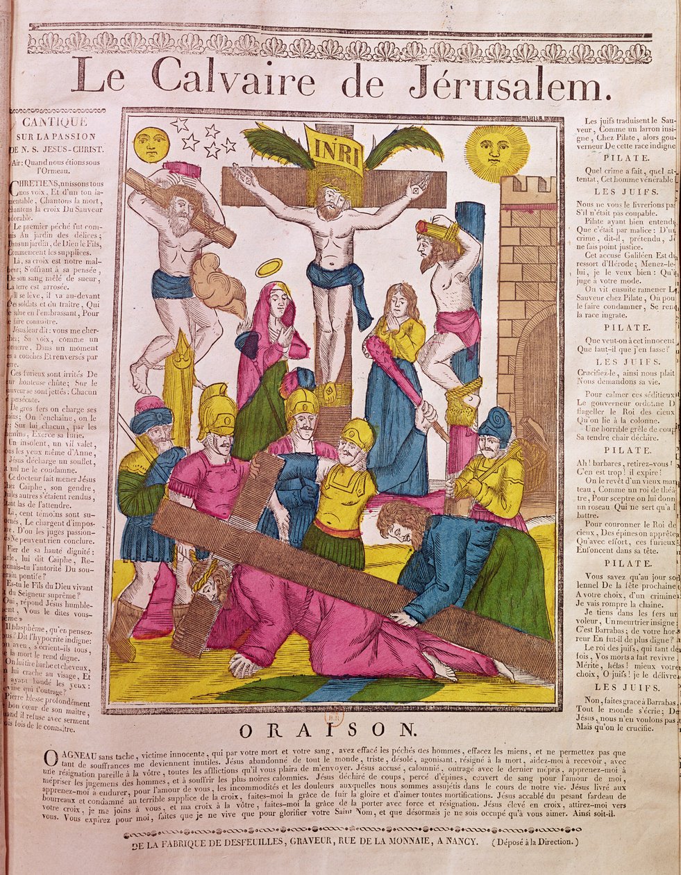 Calvário em Jerusalém, publicado por La Fabrique de Desfeuilles, Nancy (gravura a cores) de French School