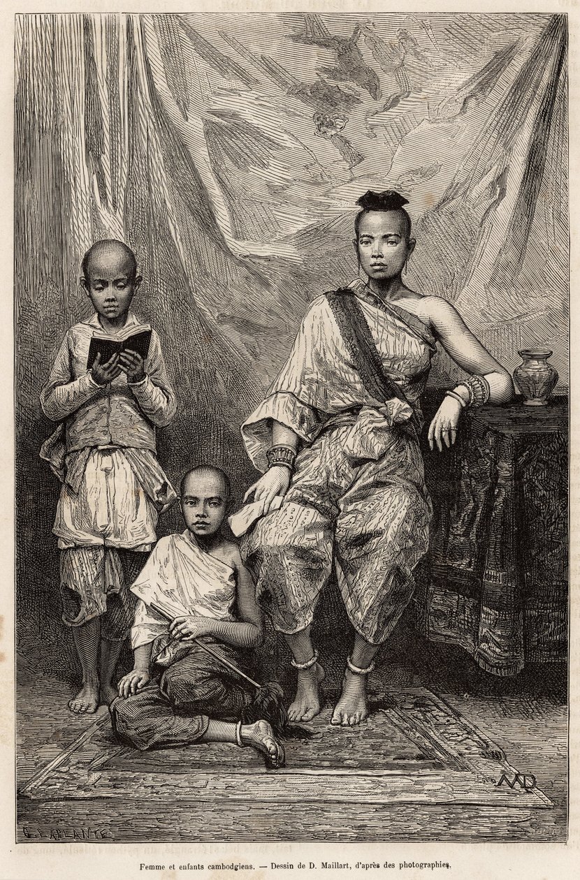 Mulher e crianças cambojanas, gravada após um desenho de D.Maillart, ilustrando a viagem a Cochinchine, do Dr. Morice, em 1872, publicada em "Le tour du monde" 1875, editada por Edouard Charton, edição Hachette, Paris. Coleção Selva. de French School
