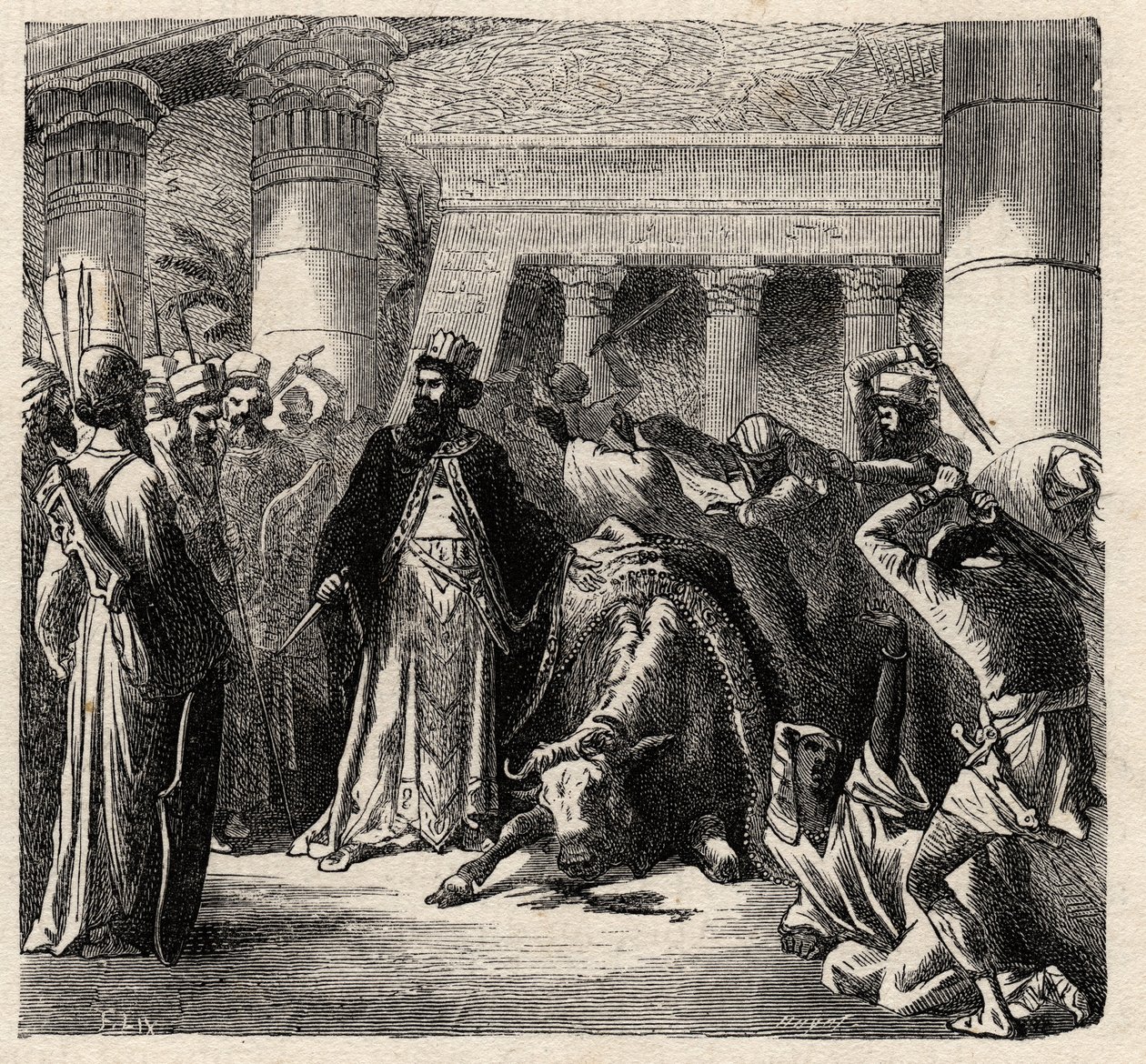 Cambyses II, governante dos Persas Aquemênidas Mata o Touro Sagrado dos Egípcios - Cambyses ou Cambyse II (530-522 AC) gravada a partir de "L