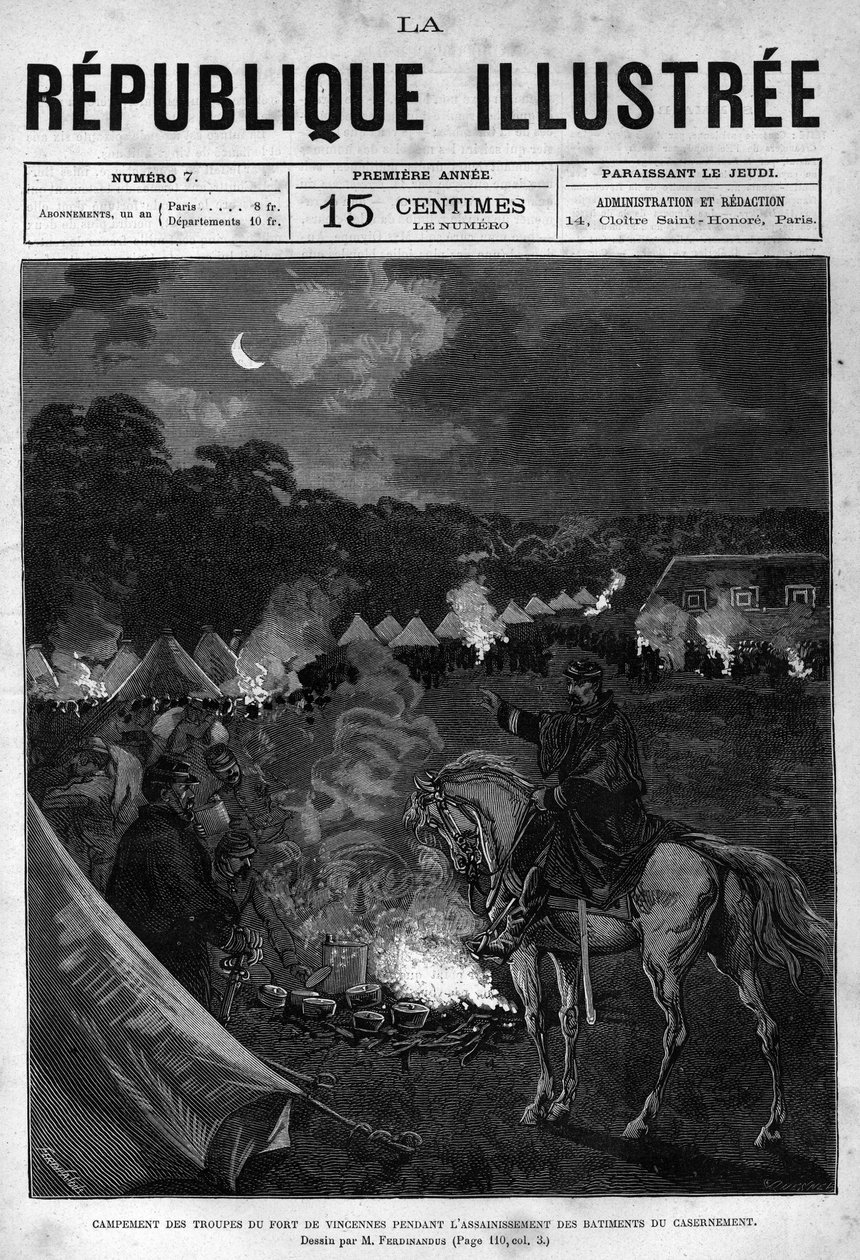 Acampamento das tropas do Forte de Vincennes durante a limpeza dos edifícios de aquartelamento. Um jornal. Gravura de 1880 em "La republique illustree" coleção privada. de French School
