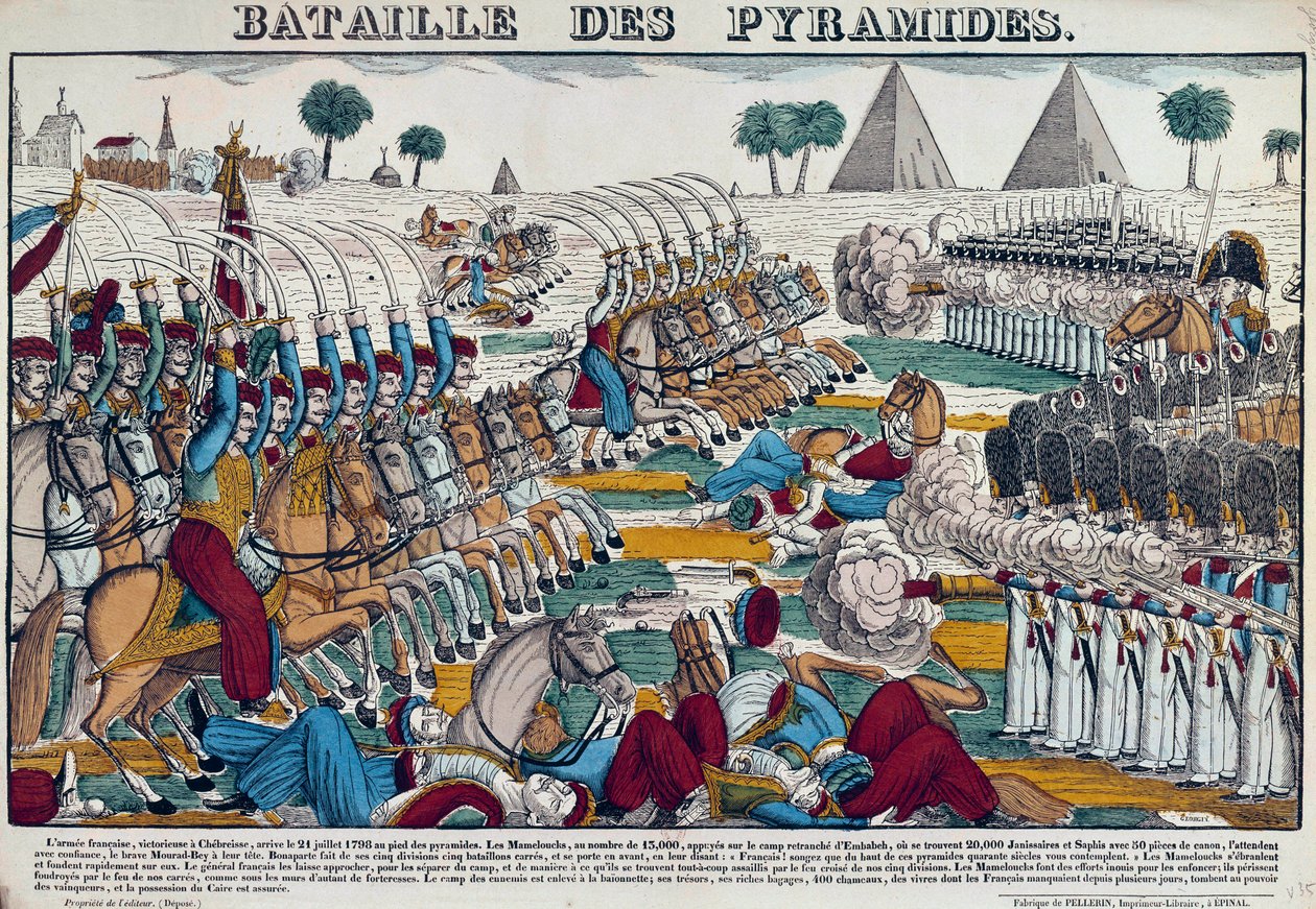 Campanha (Expedição) do Egito (1798-1801): Batalha do Egipto em 21/07/1798. Gravura do século XIX. de French School