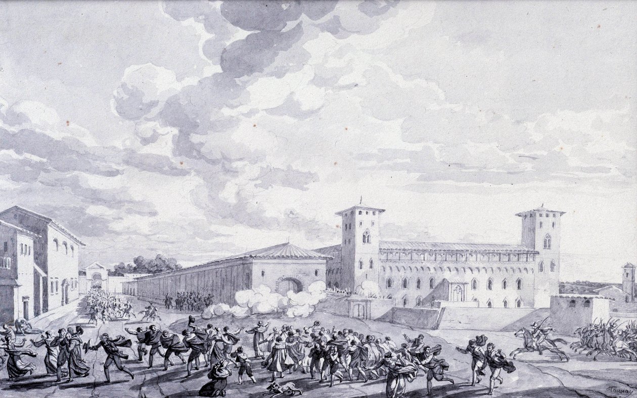 Campanha de Itália: vista da revolta da cidade de Paris contra a ocupação francesa em maio de 1796. Desenho anónimo. Paris, Museu do Louvre de French School