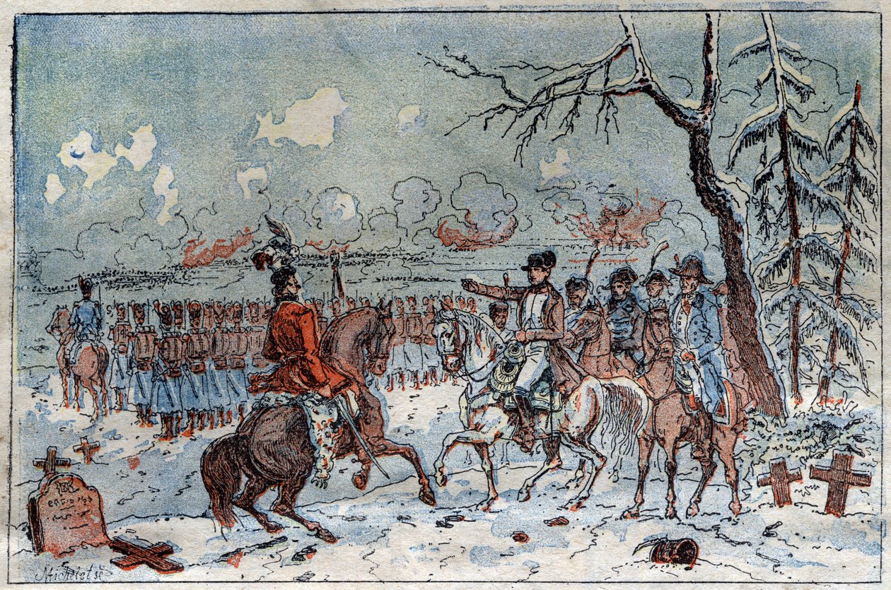 Campanha da Prússia e da Polônia (1806-1807): "Napoleão I (1769-1821) no campo de batalha de Eylau em 08/02/1807 ordenou a Murat que repelisse a cavalaria russa. Gravura do século XIX. de French School