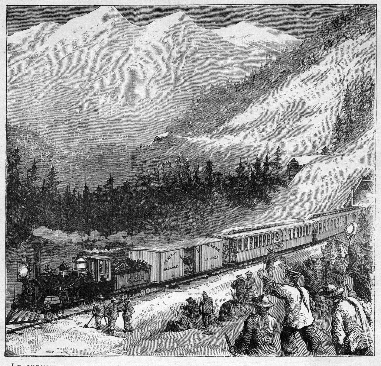 Canadian Pacific Railway em 1888 - Canadian Pacific Railway - Passagem de trem na Sierra Nevada - Gravação no "Journal des Voyages" 1888 de French School
