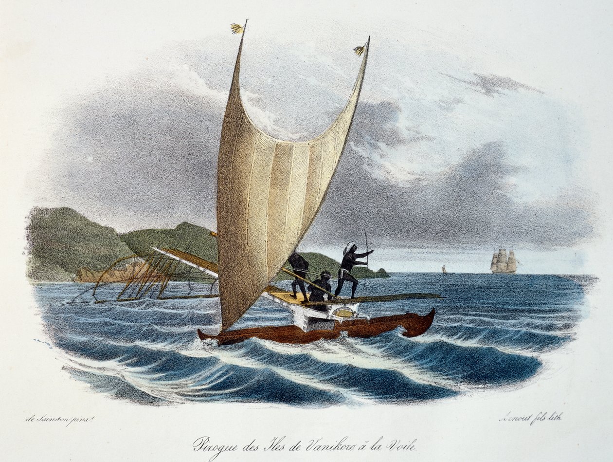 Canoagem com vela das Ilhas Vanikoro, Ilhas Salomão (arquipélago), gravura colorida da Viagem de descoberta do Astrolábio realizada por ordem do rei, durante os anos 1826-1829, por Jules-Sebastien-Cesar Dumont d