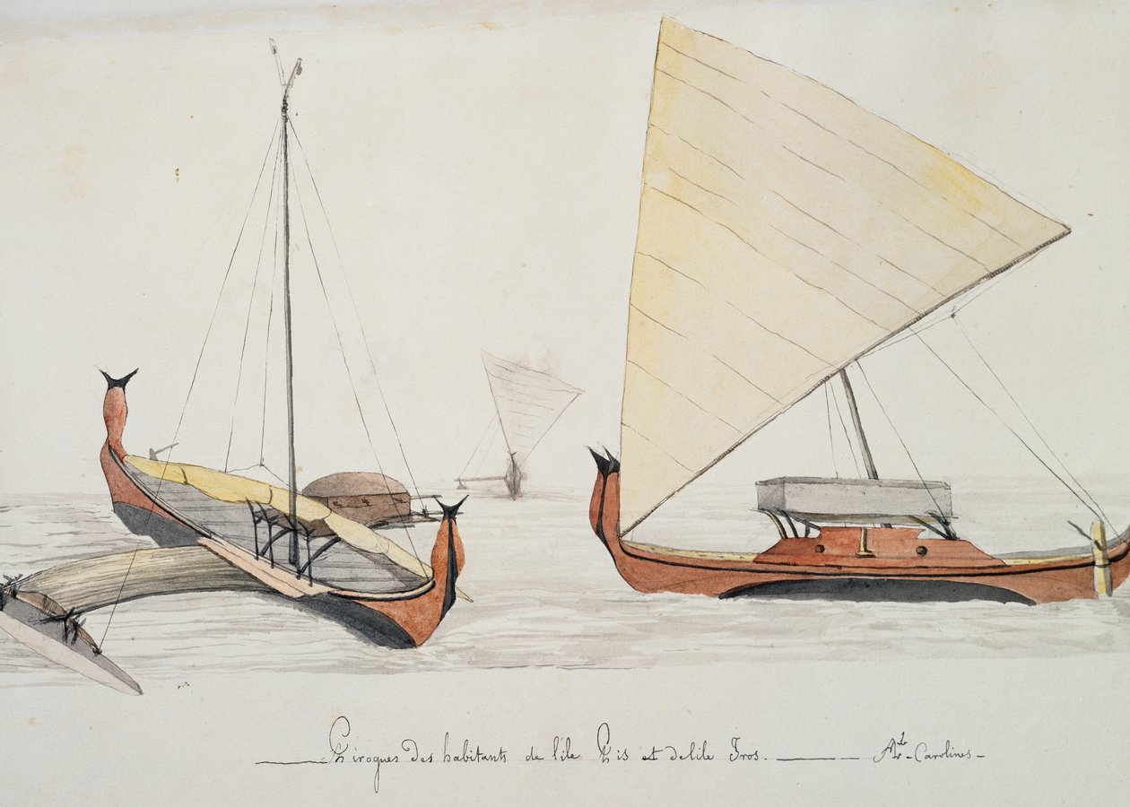 Canoas de habitantes das Ilhas Pis e Iros (Ilhas Carolina), pintura de aguarela de Jules-Louis Lejeune, de Duperrey
