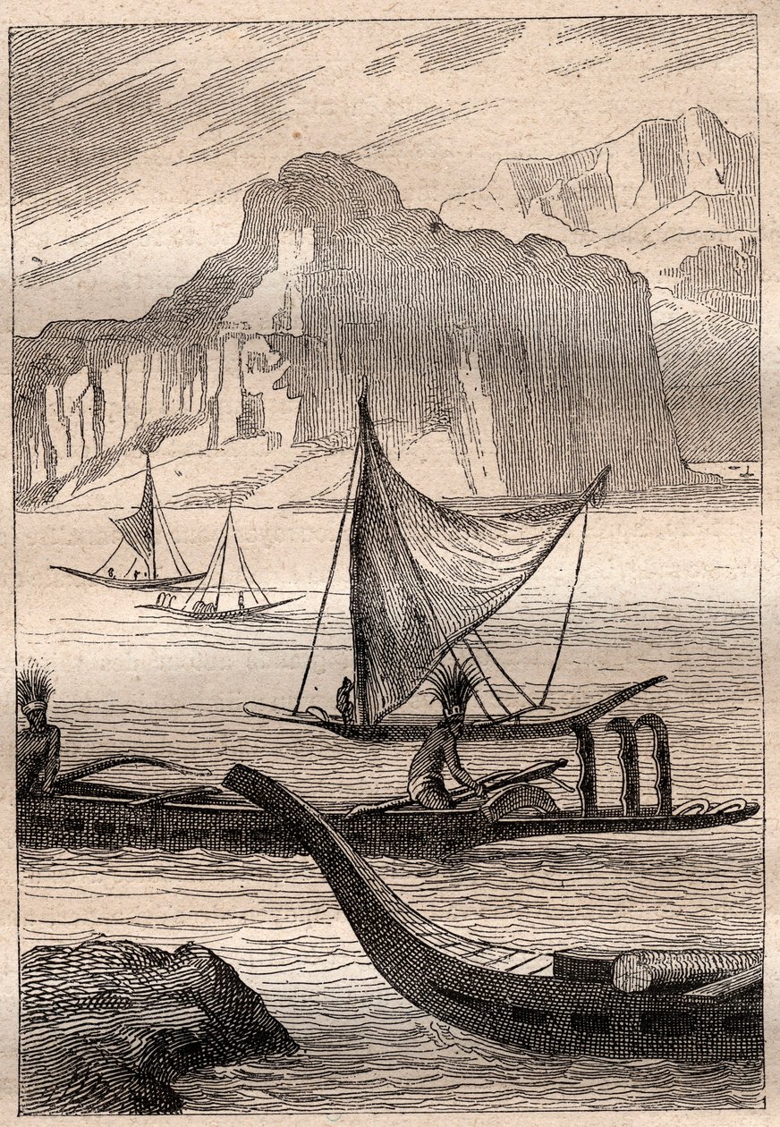 Canoas das Ilhas Marquesas - ilustração retirada de "Os Grandes Marinheiros do Século XVIII". de French School