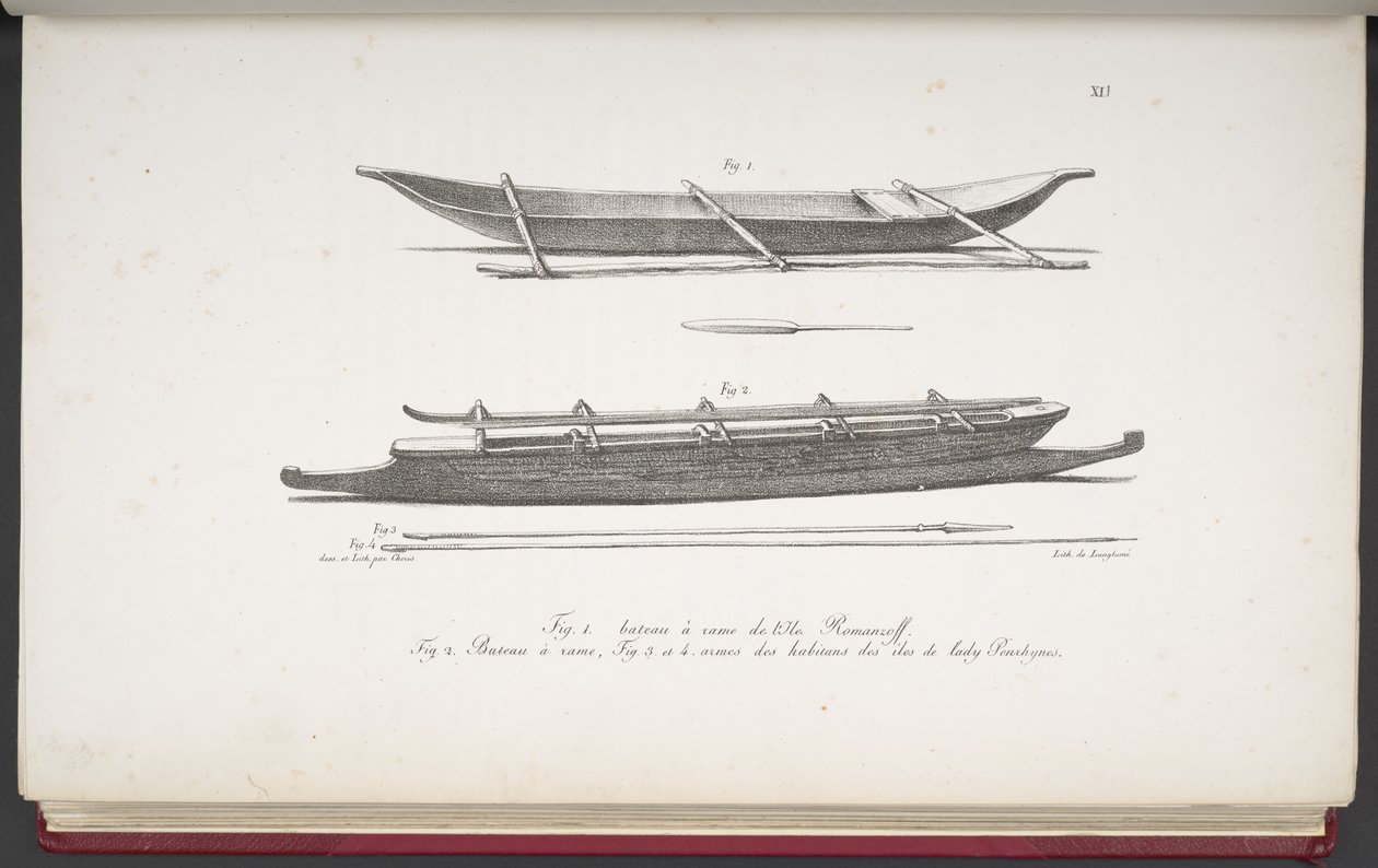[Canoas das Ilhas Marshall, e uma canoa e armas das Ilhas Cook], da Voyage pittoresque autour du monde, avec des portraits de sauvages d