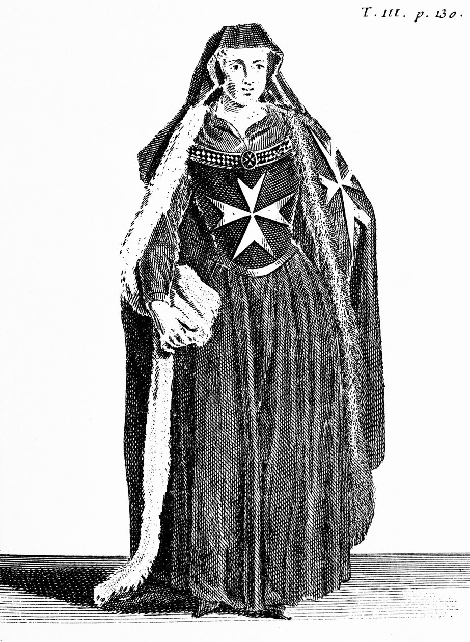 Canoness da Ordem de São João de Jerusalém durante o período de Rodes, ilustração de &39;Histoire et Costumes des Ordres Monastiques&39; por Pierre Helyot (1660-1716) de French School
