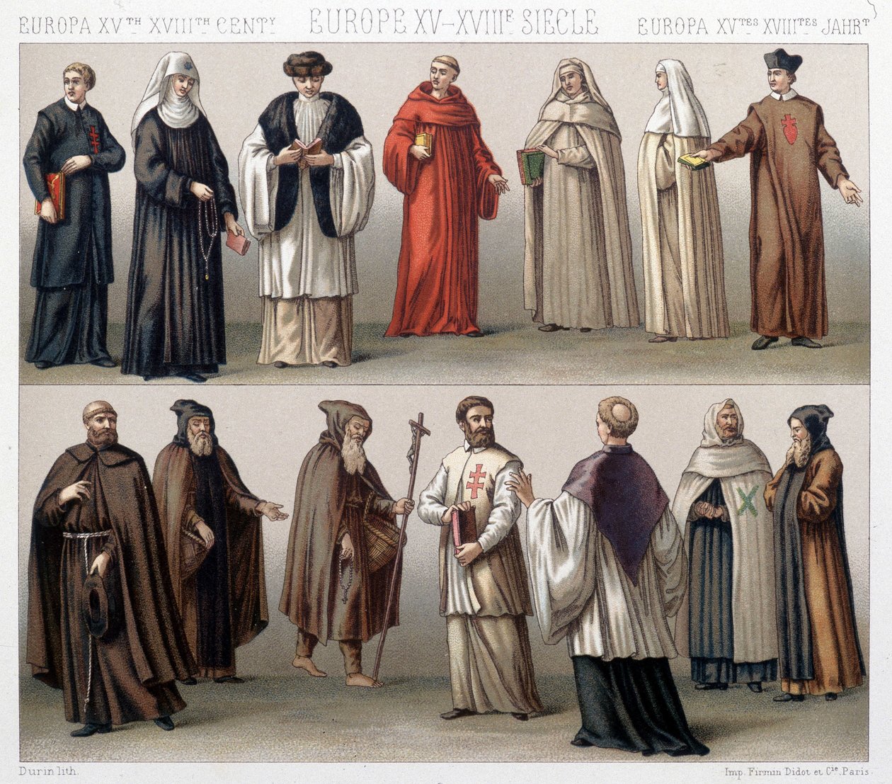 Cânones do Santo Sepulcro na Polónia. Top: Fatos dos séculos XVII e XVIII. Em baixo: trajes do período antigo. de French School
