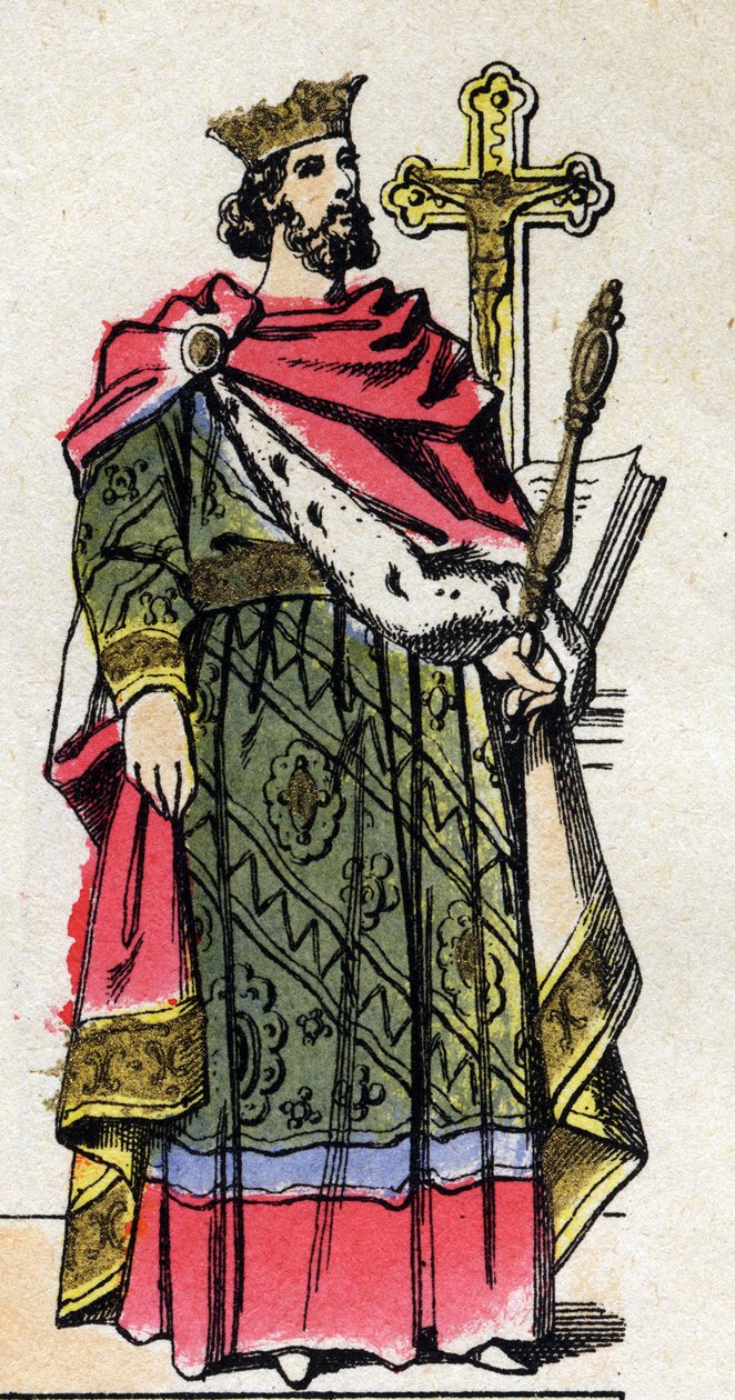 Dinastia Capetiana: Retrato de Robert II o Piedoso (972-1031), Rei dos Francos de 996 a 1031. Imagem epinal do final do século XIX. Coleção particular. de French School