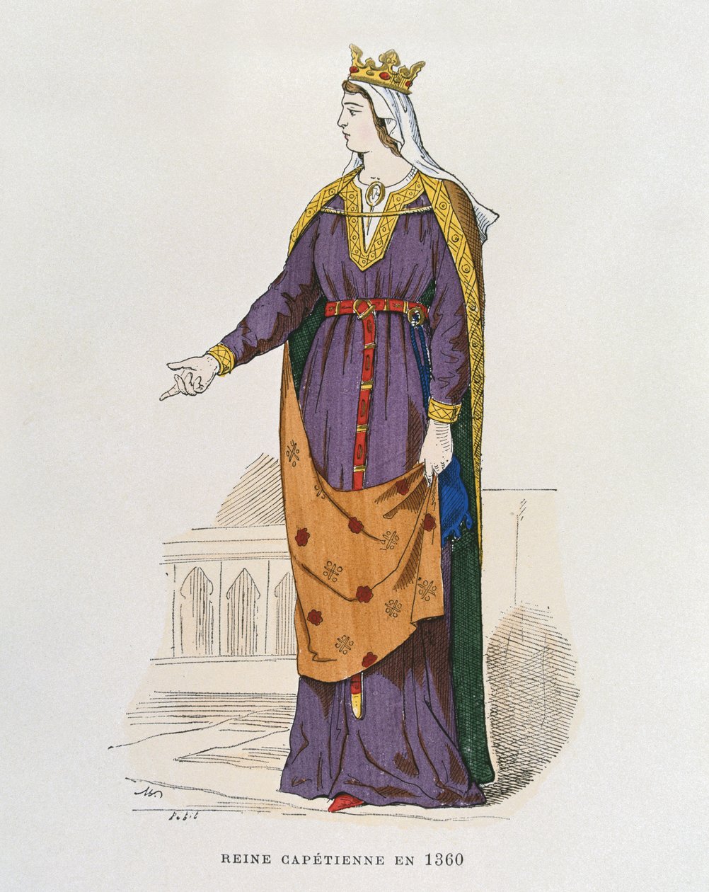 Rainha Capetiana em 1360, de trajes civis e militares dos franceses através dos séculos de French School