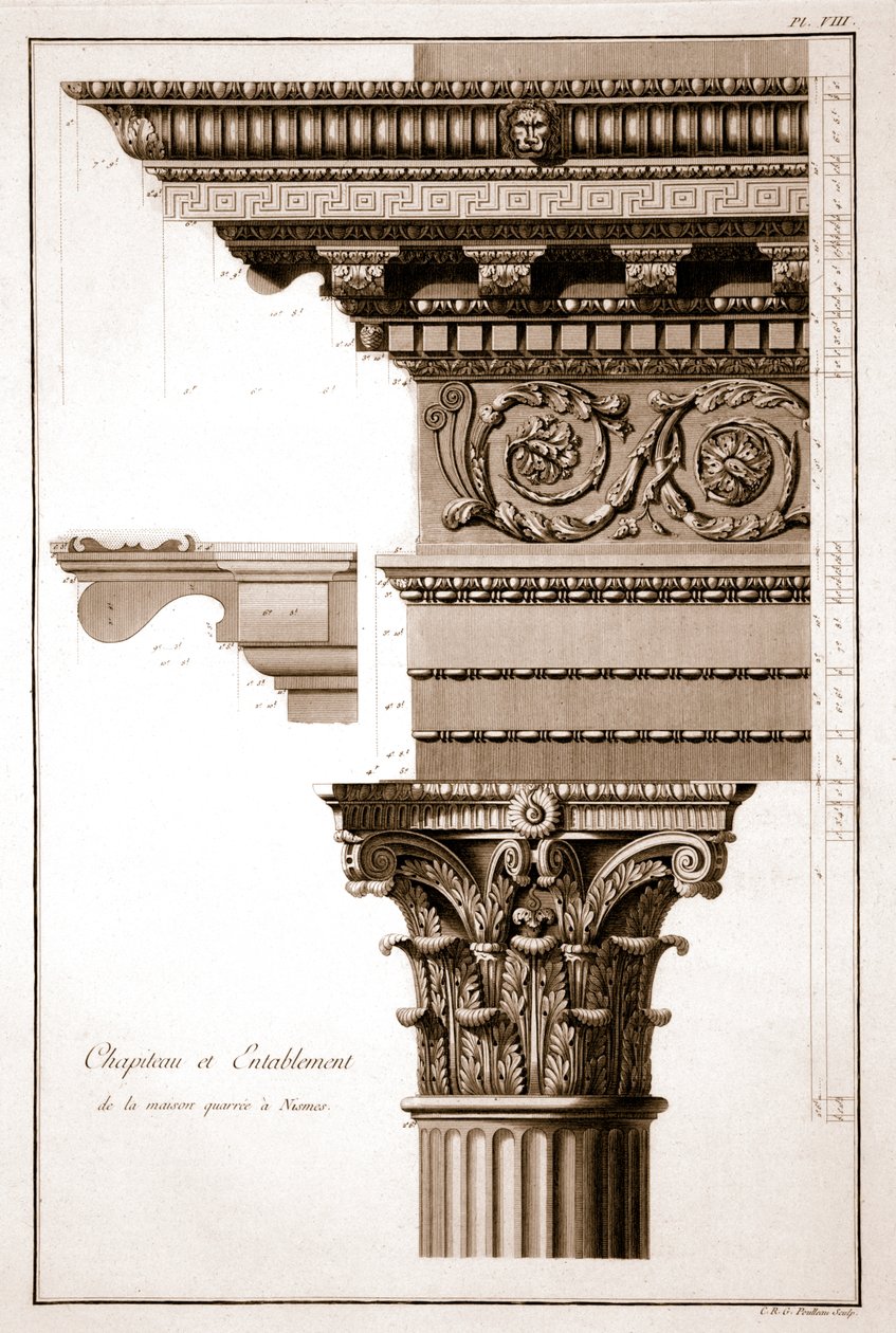 Capital & Entablature, House Square, Nimes, França de French School