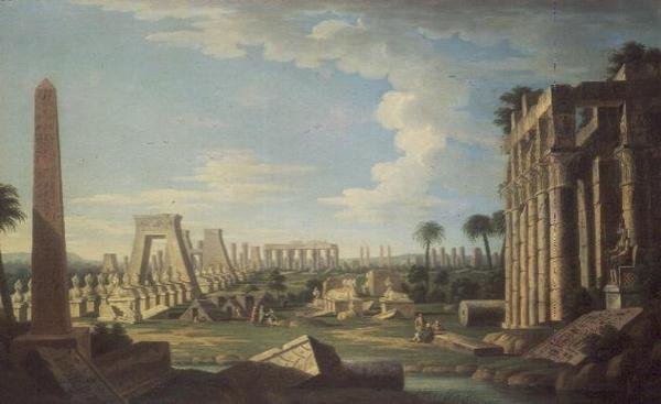 Capriccio com ruínas egípcias (óleo sobre painel) de French School
