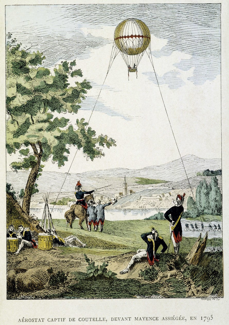 Aerostato cativo de Jean Marie Joseph (Jean-Marie-Joseph) Coutelle (1748-1835), antes de Mainz assiegee de French School