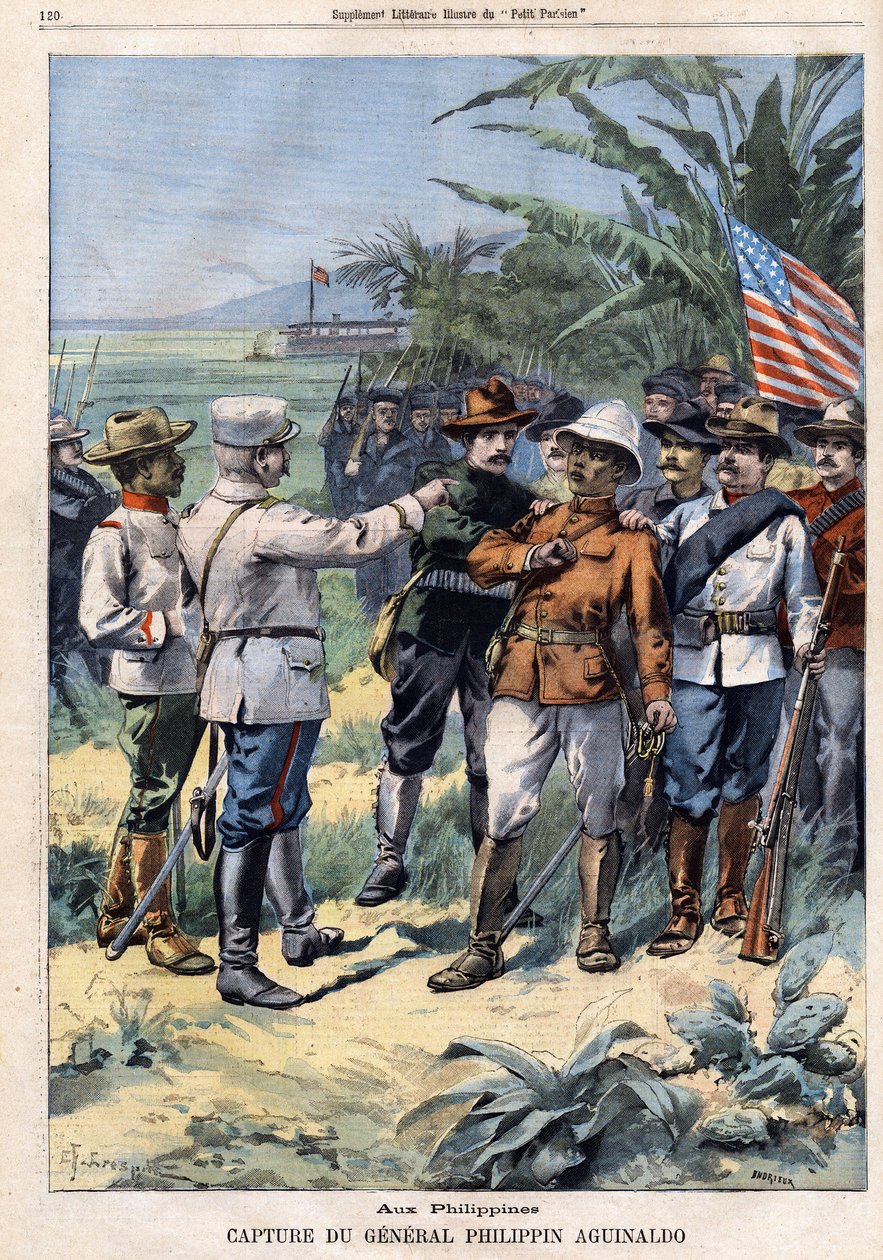 Captura do General e político filipino Emilio Aguinaldo (1869-1964) nas Filipinas, em "Le Petit Parisien" em 14/04/1901 (gravura). de French School