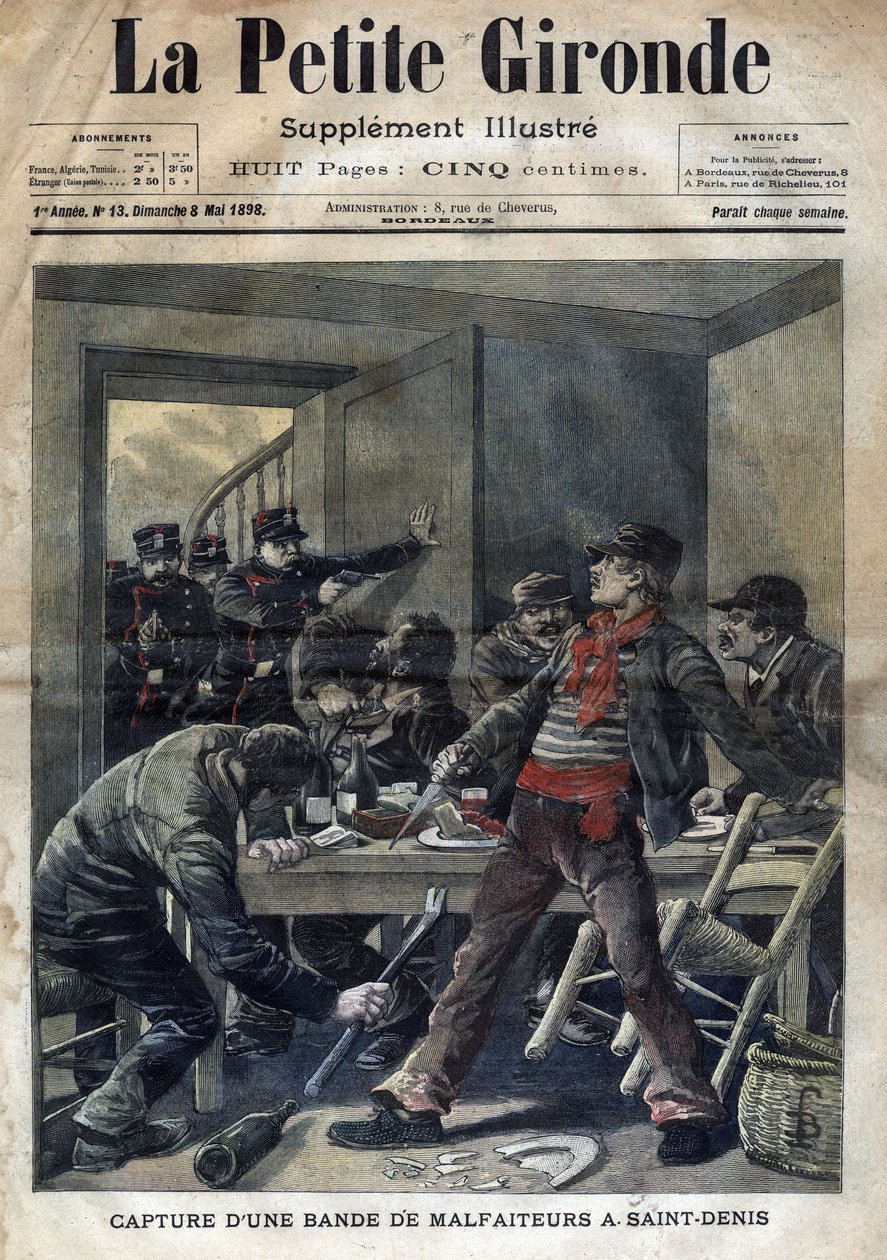 Captura de uma quadrilha de criminosos em Saint-Denis (Saint Denis), em 1898. Capa da "La petite Gironde" de 8 de maio de French School