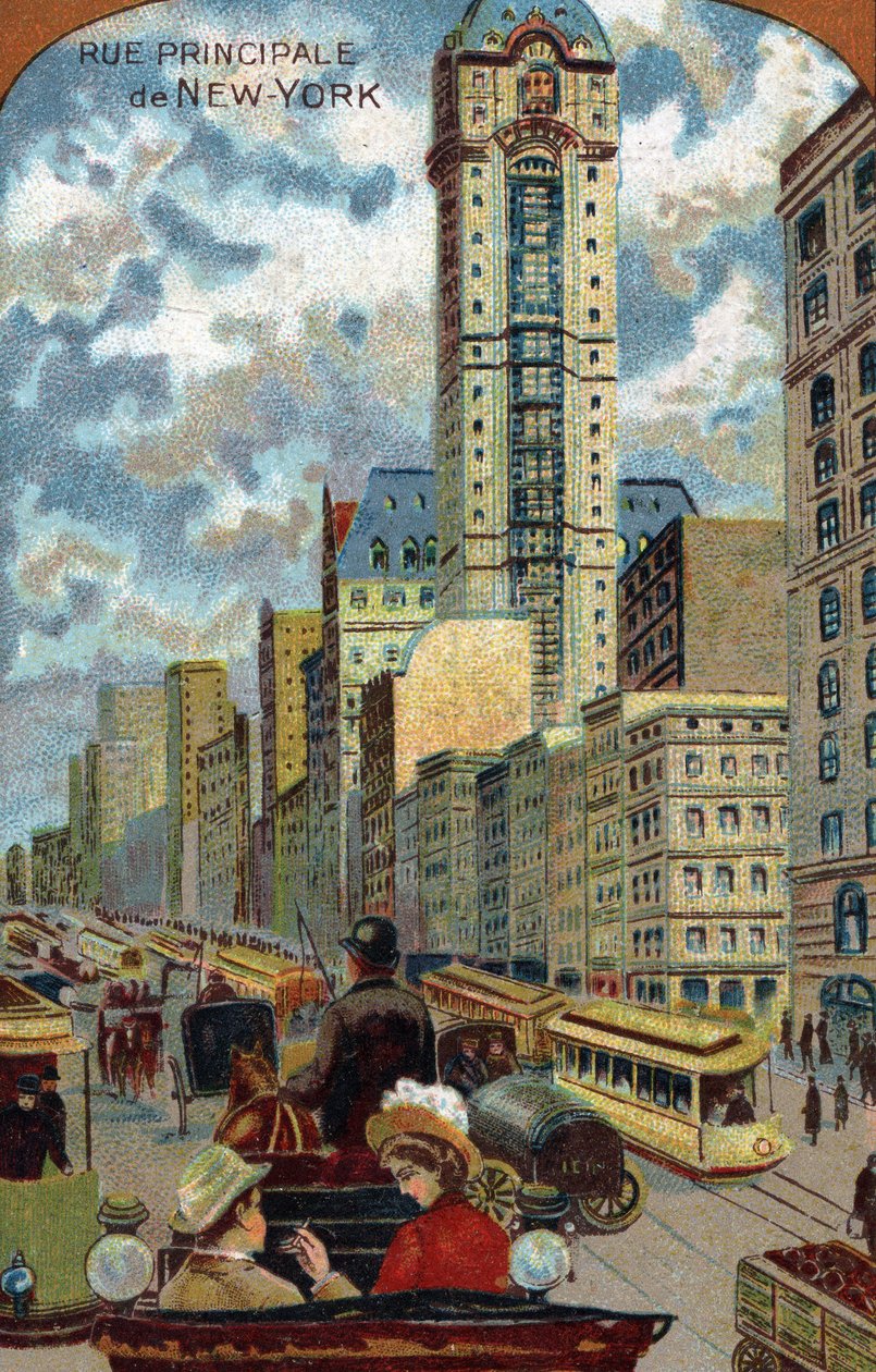 Tráfego automóvel na Broadway, Main Street of New York (Nova Iorque) (Engarrafamento na Broadway Avenue, Manhattan) Colecção Privada de Cromolitografia do século XIX de French School