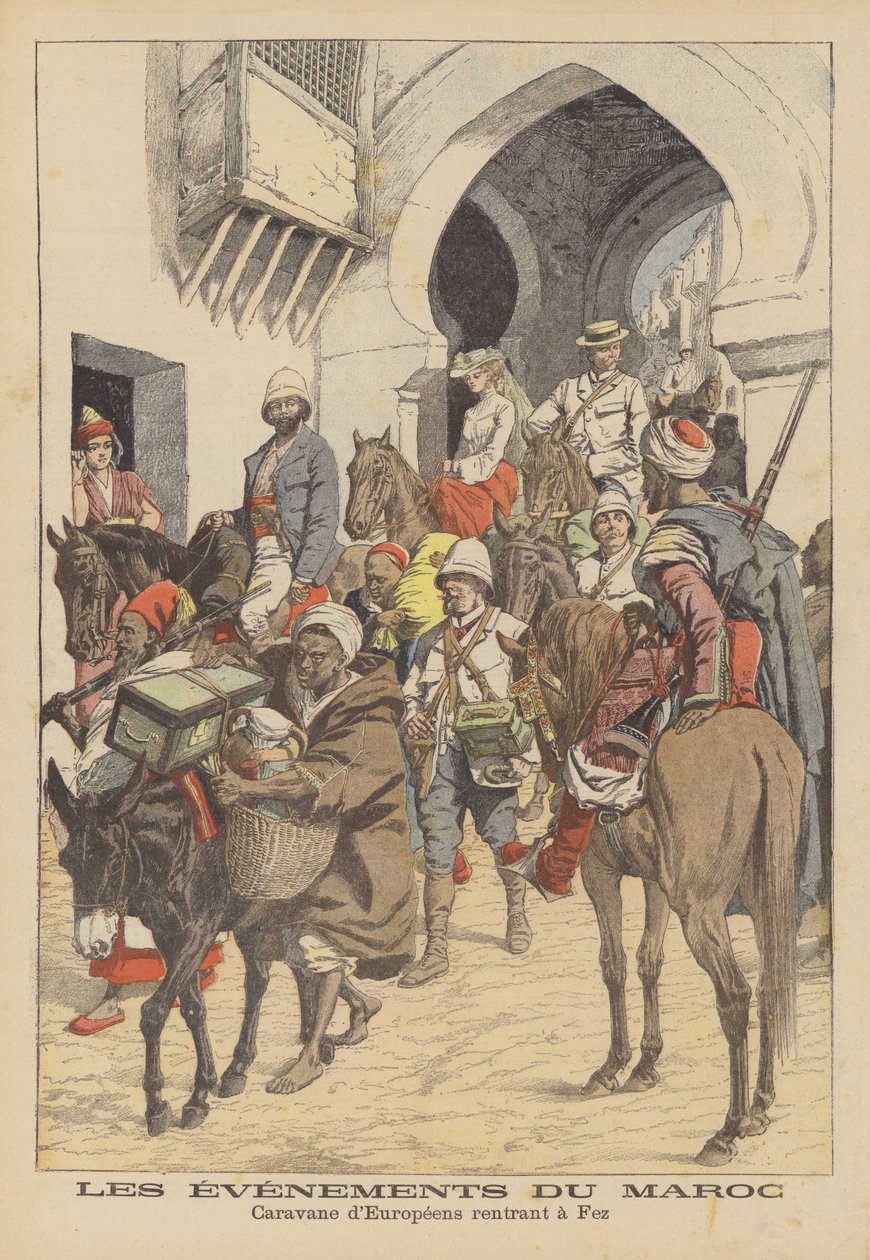 Caravana de europeus de regresso a Fez, Marrocos (litografia a cores) de French School