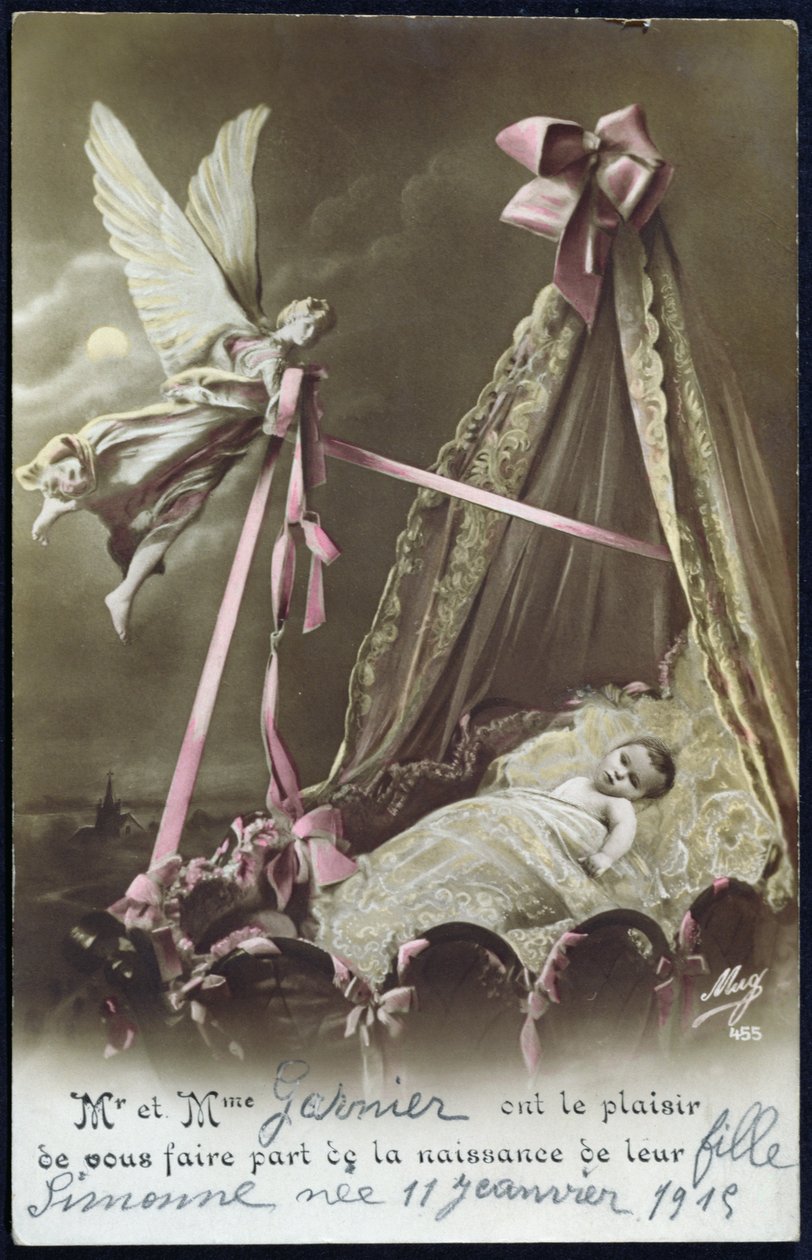 Cartão anunciando o nascimento de um bebê, 11 de janeiro de 1915 (foto colorida) de French School