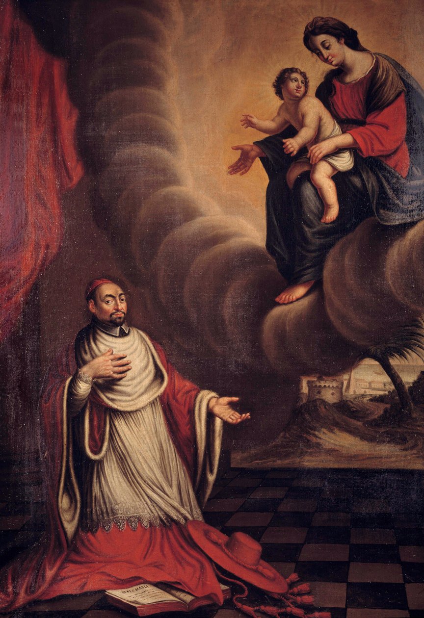 O Cardeal Berulle (1575-1629) ajoelha-se perante a Virgem Pintura da Escola Francesa. Coleção Particular do século XVII de French School