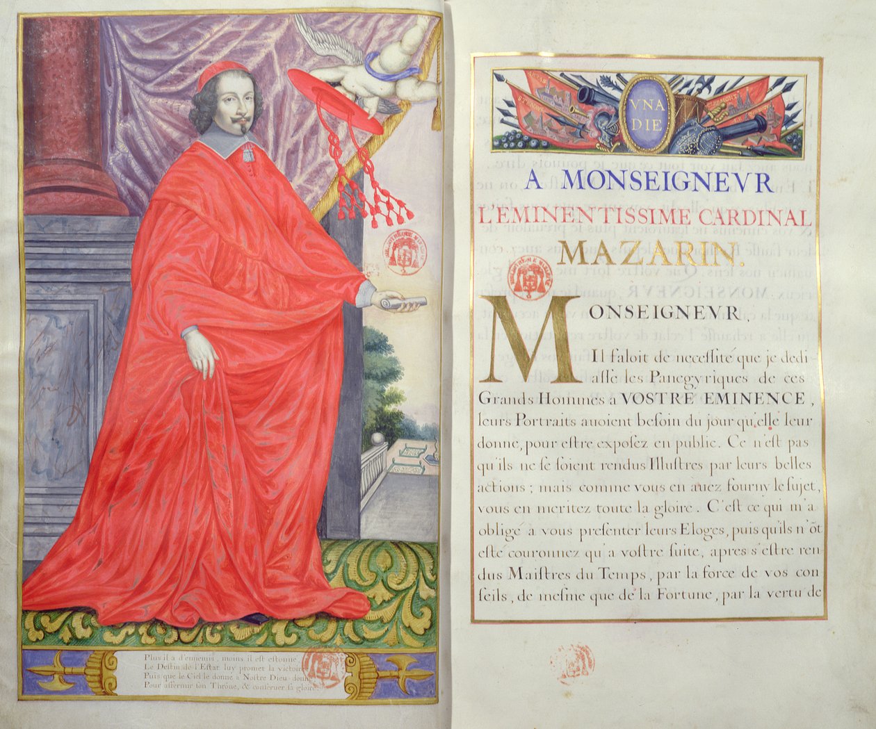 Cardeal Mazarin, ilustração e dedicação dos Panegíricos dos Ilustres Homens do Nosso Século, de Puget de la Serre, 1655 de French School