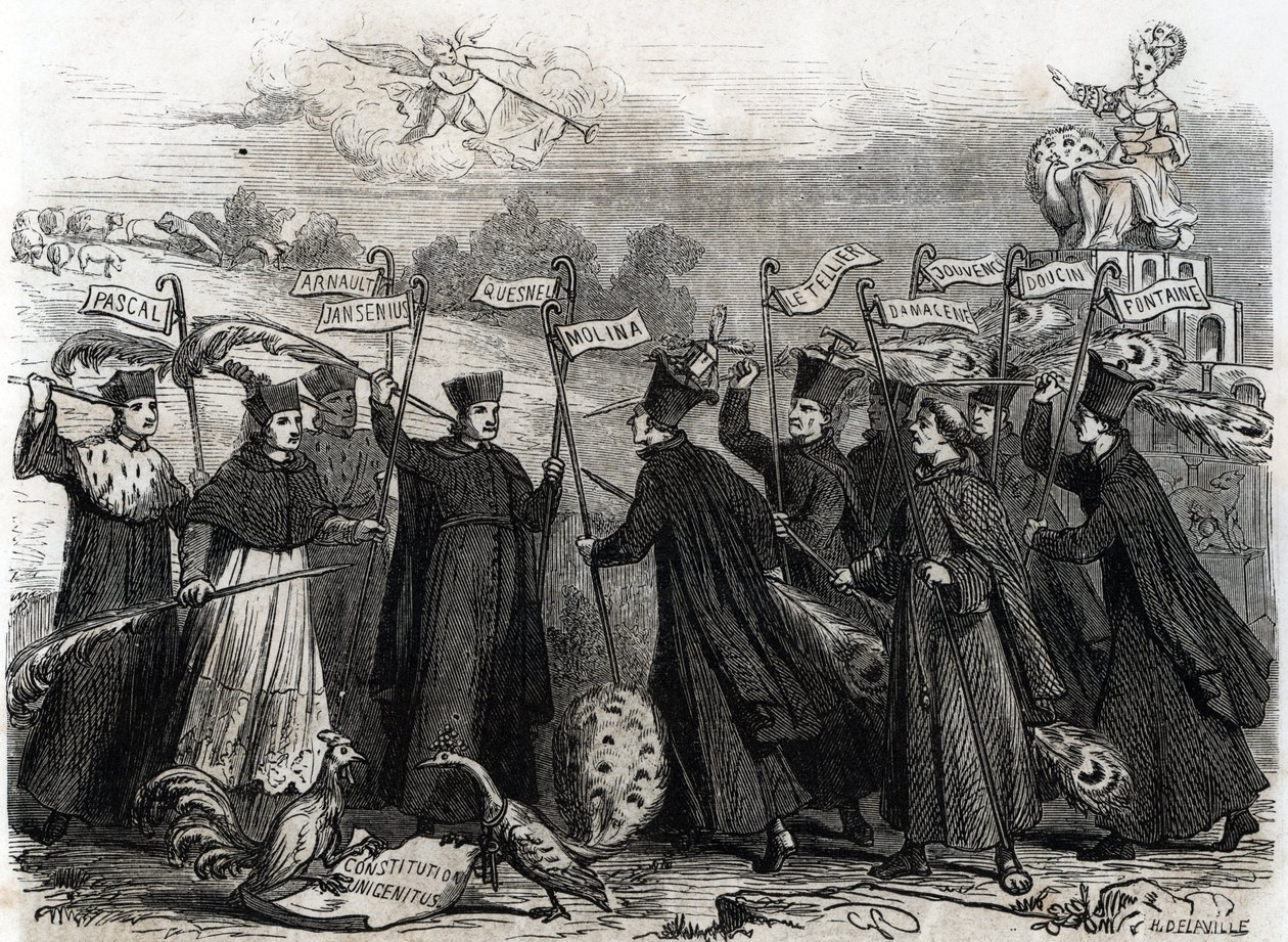 Caricatura sobre Unigenitus uma constituição apostólica sob a forma de bula papal promulgada pelo Papa Clemente XI em 1713, abriu a fase final da controvérsia jansenista na França 1713 (gravura) de French School