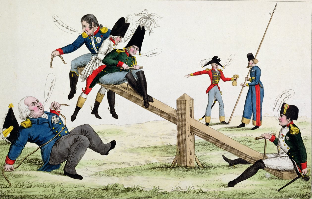 Caricatura representando Luís XVIII (1755-1824) Napoleão (1769-1821) e os Aliados na época do Cent-Jours em 1815 de French School