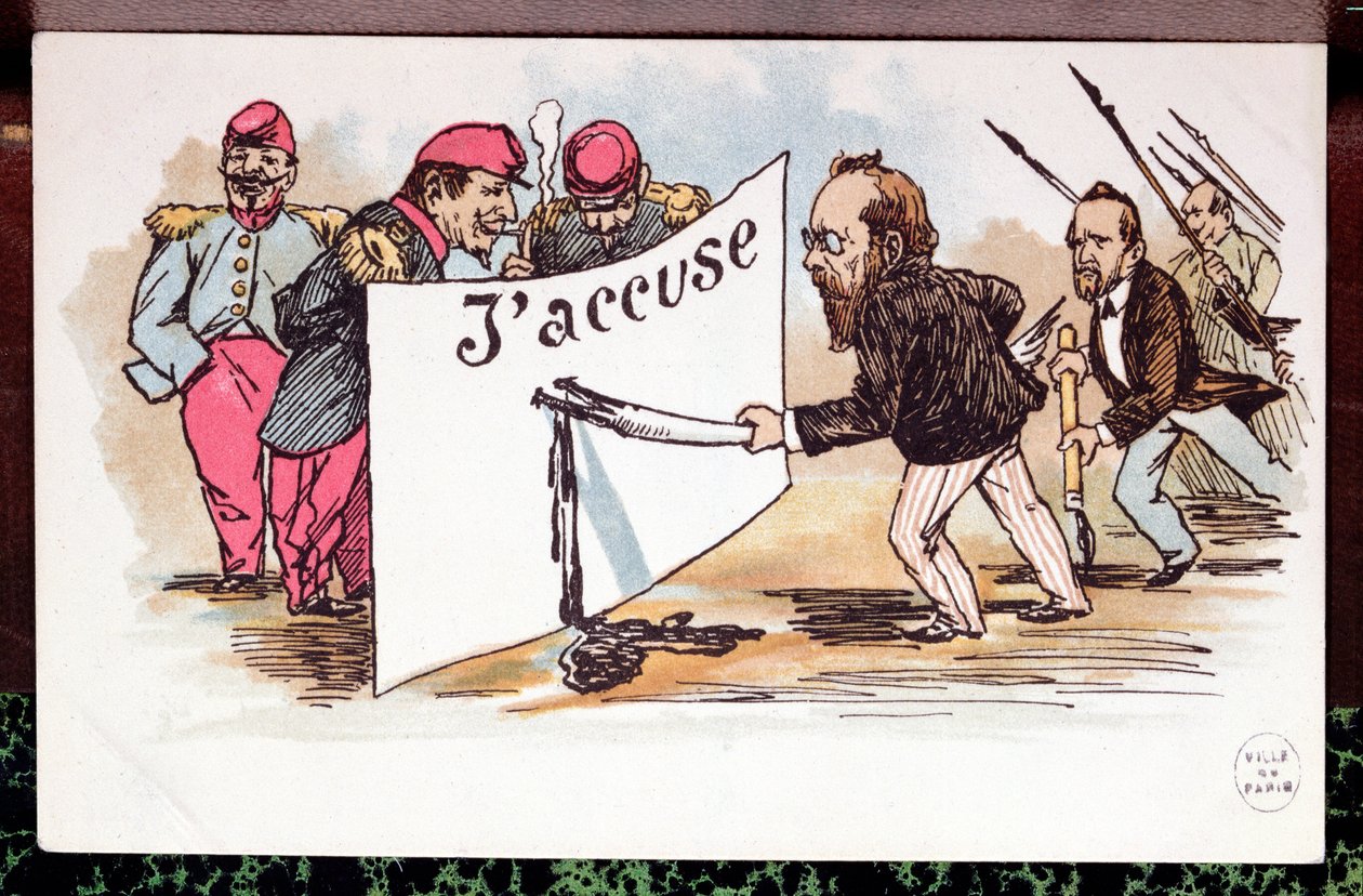 Caricatura de JAccuse, artigo escrito por Emile Zola (1840-1902) em defesa de Alfred Dreyfus, 1898 de French School