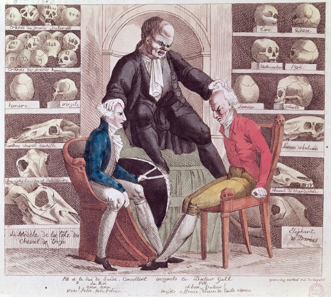 Caricatura de William Pitt the Younger (1759-1806) e Gustav IV Adolf (1778-1837) Visitando o Sr. Franz Joseph Gall (1758-1828) 1806 de French School