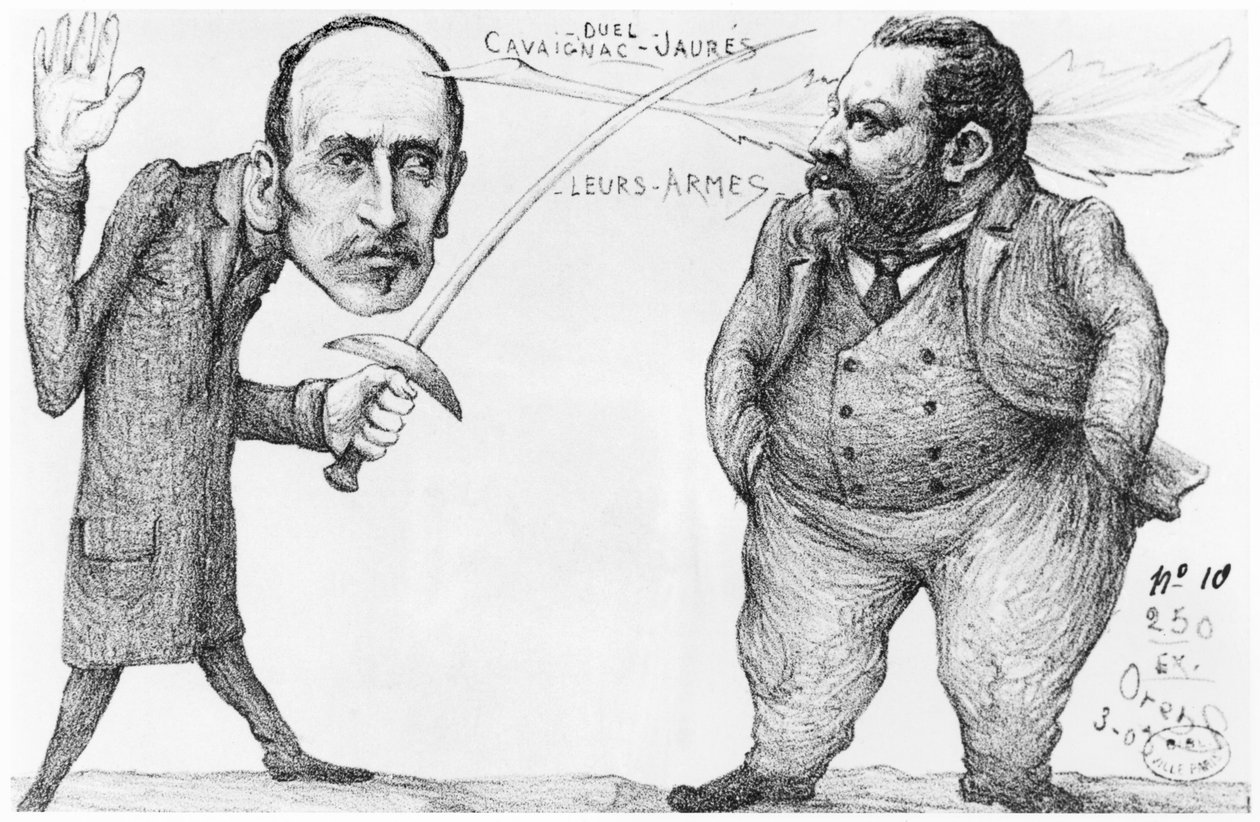 Caricatura de um duelo entre Godefroi Cavaignac (1801-45), ministro da Guerra e Jean Jaures (1859-1914) Líder socialista e pacifista, 1898 de French School
