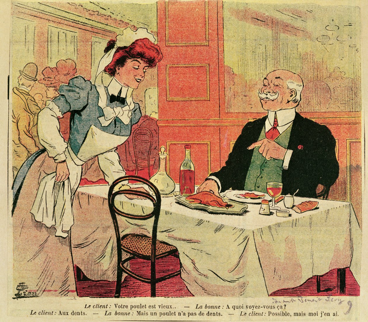 Caricatura do cliente e garçonete em um restaurante, c.1905 de French School