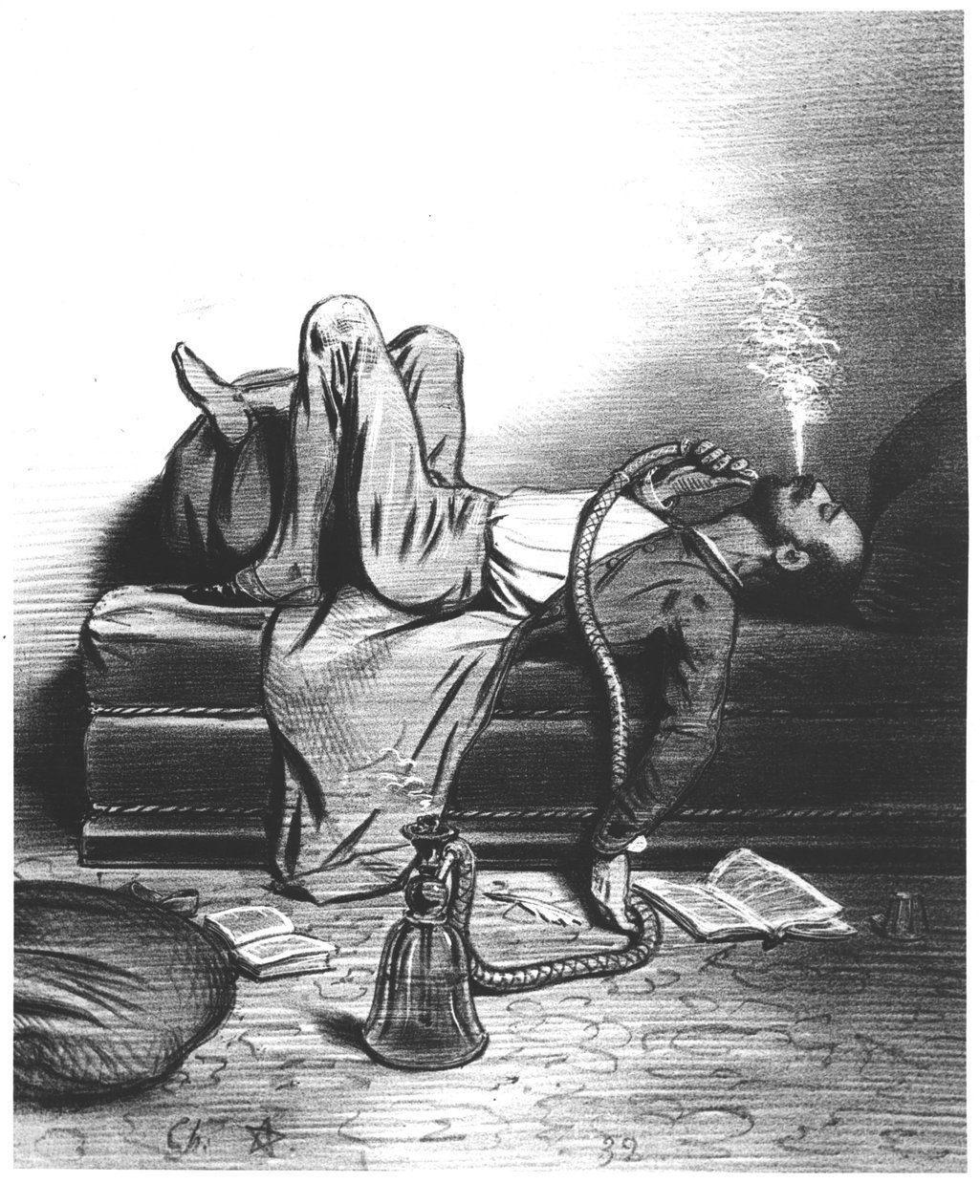 Caricatura do escritor romântico buscando sua inspiração no haxixe, c. 1849 de French School