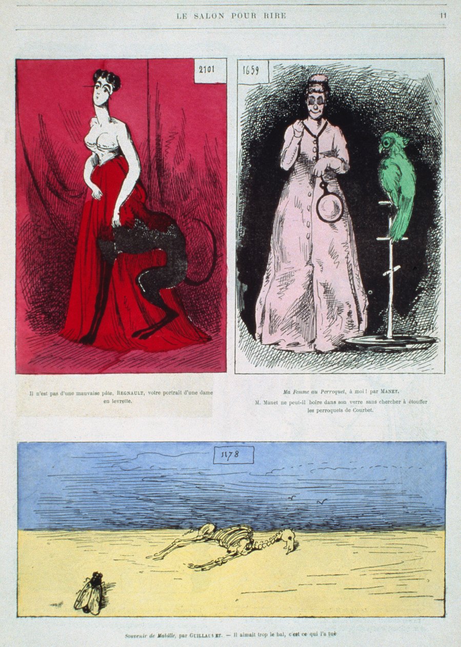 Caricaturas de pintores, Henri Regnault, Edouard Manet, Gustave Guillaumet, ilustração de Le Salon pour Rire de French School