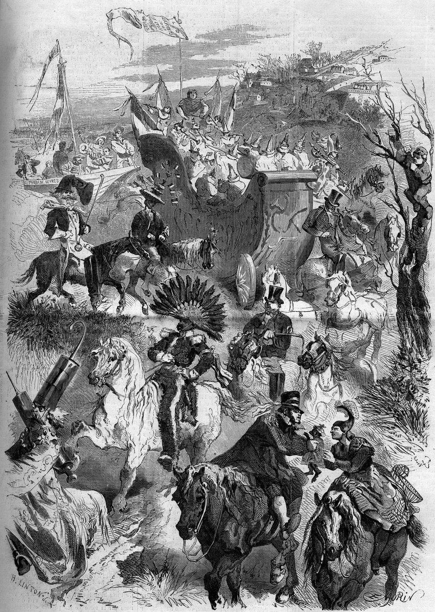 Carnaval do Carnaval de Carnaval, França, 8 de Março de 1859: descida a Paris da mascarada de Sevres. Gravura no "Le Monde Illustré" n°100 de 19 de Março de 1859. de French School